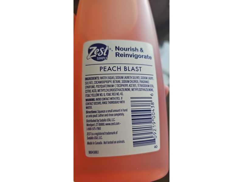 Zest Simply Nourish & Reinvigorate Body Wash, Peach Blast, 12.5 fl oz/370 mL
