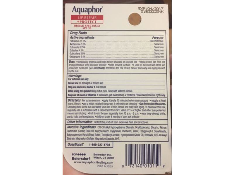 Aquaphor Lip Repair + Protect, Broad Spectrum SPF 30, 0.35 fl oz/10 mL