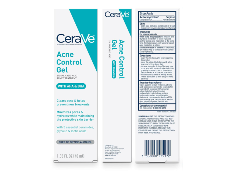 CeraVe Acne Control Gel, AHA & BHA, 1.35 fl oz/40 mL