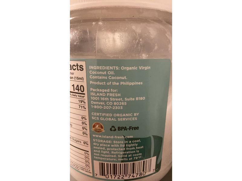 Island Fresh Organic Coconut Oil, Virgin, 54 fl oz/1.6 L