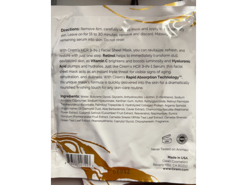 Cirem HCR 3-In-1 Sheet Mask, 1 fl oz/30 g
