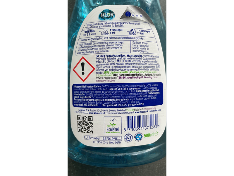 Klok Eco Original Dishwashing Liquid, 500 mL