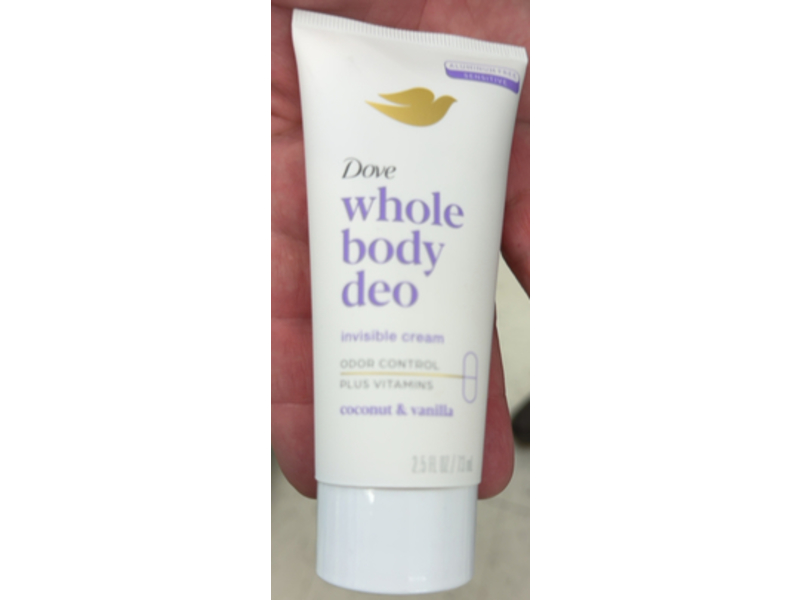 Dove Whole Body Deo Invisible Cream, Coconut & Vanilla, 2.5 fl oz/73 mL