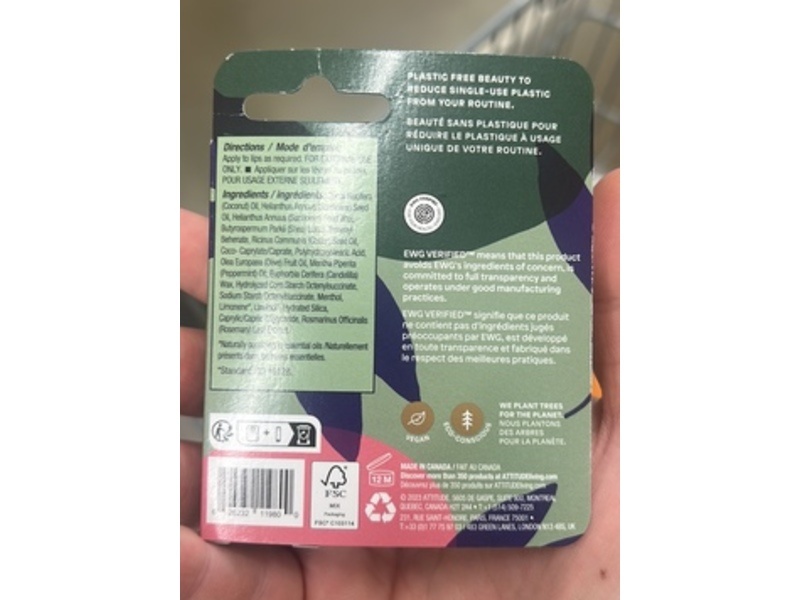 Attitude Leaves Bar Lip Balm, Fresh Mint, 0.3 oz/8.5 g