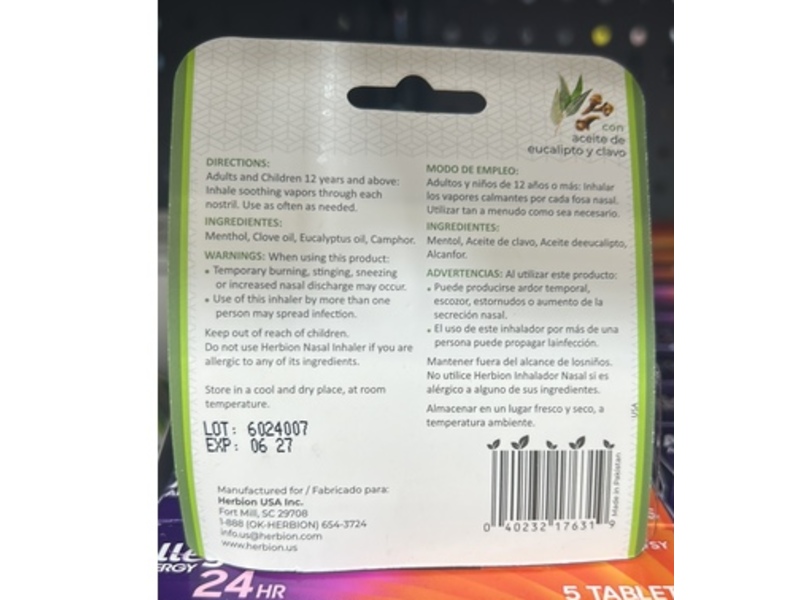 Herbion Naturals Nasal Inhaler, Eucalyptus & Clove Oils, 0.05 fl oz/1.3 g