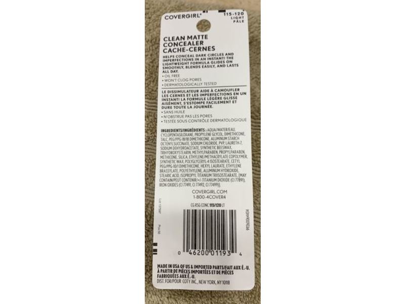 Covergirl Clean Matte Concealer, 120 Light, 0.37 fl oz/11 mL