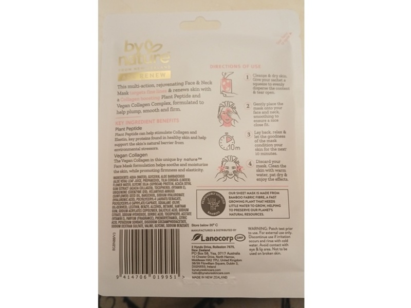 By Nature Age Renew Bamboo Fibre Face & Neck Mask, Complex Collagen + Peptide , 0.125 oz/25 g