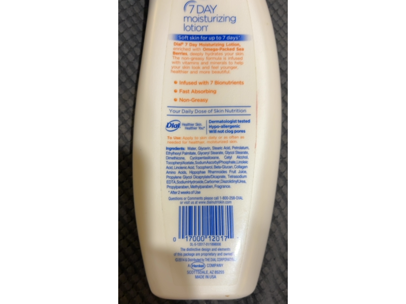Dial 7 Day Moisturizing Lotion, Omega Packed Sea Berries, 12 fl oz/354 mL