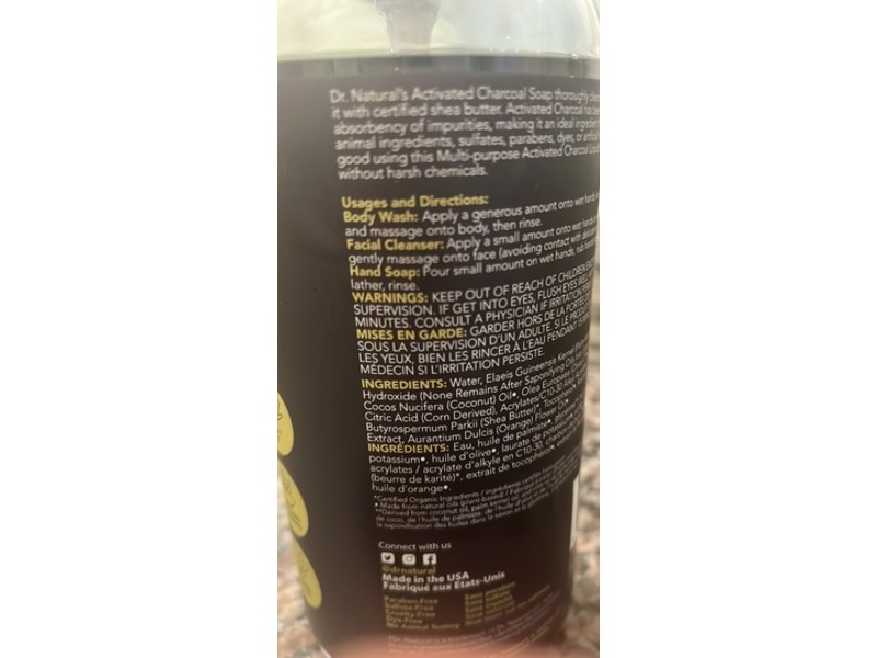 Dr. Natural Activated Charcoal Multi-Purpose Liquid Soap, Citrus, 32 fl oz/946 mL
