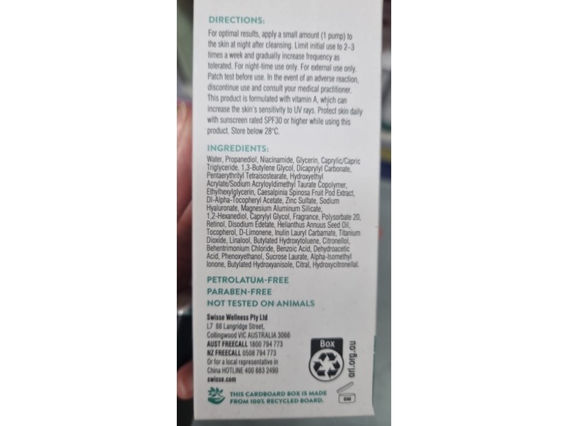 Swisse Skincare P.M. Balance Serum, Retinol 0.1%, 1 fl oz/30 mL