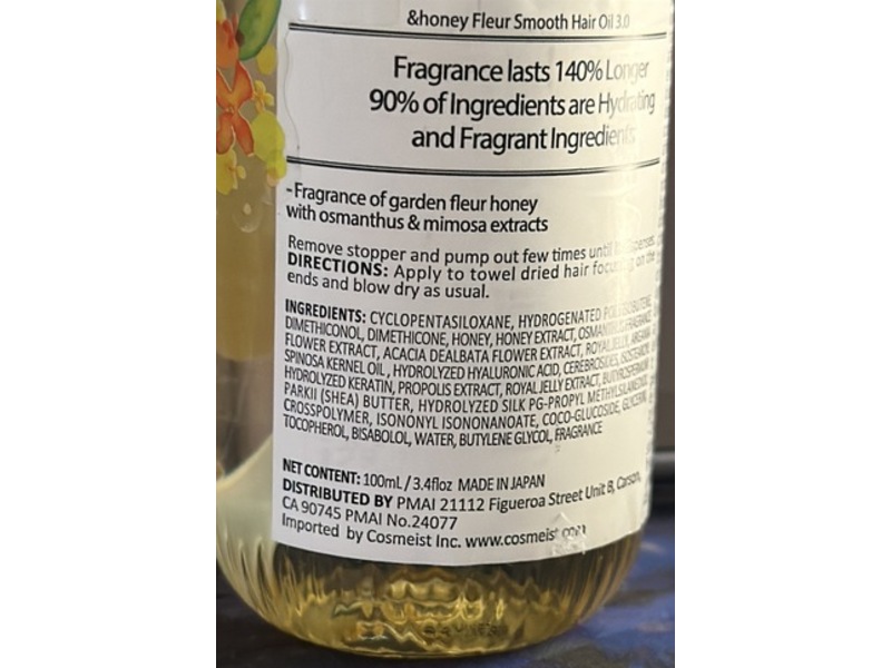 &Honey Smooth Hair Oil 3.0, Fleur, Osmanthus & Mimosa Extract, 3.4 fl oz/100 mL