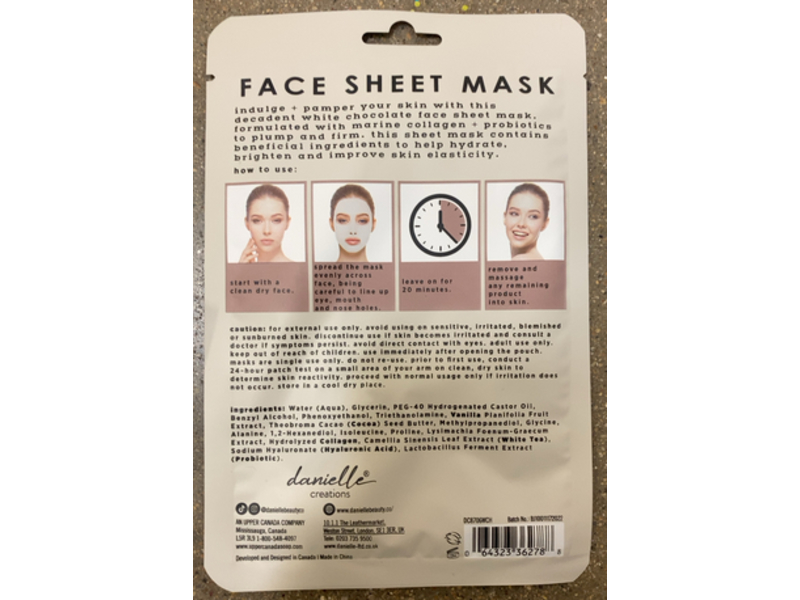 Danielle Creations White Chocolate Face Sheet Mask, White Tea + Cacao Butter + Vanilla, 0.88 oz/25 g