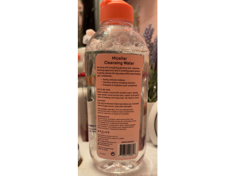 Spa Life Peachy Clean Micellar Water, Peach, Hyaluronic Acid & Ginseng Root, 13.5 fl oz/399 mL