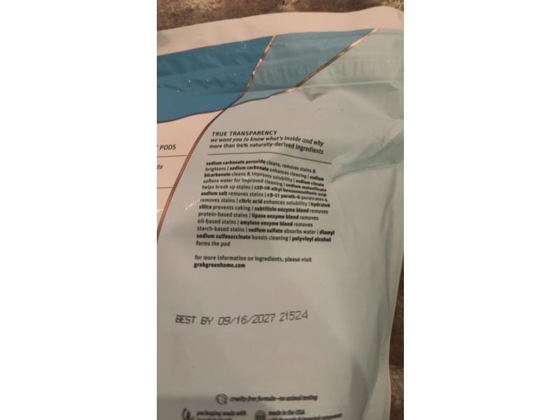 Grab Green 3 In 1 Laundry Powder Detergent Pods, Fragrance Free, 132 Count