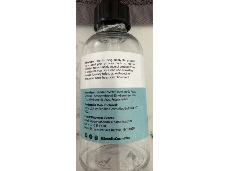 Senallis Cosmetics Anti-Aging & Moisturizing Serum, Pure Hyaluronic Acid, 2 fl oz/60 mL