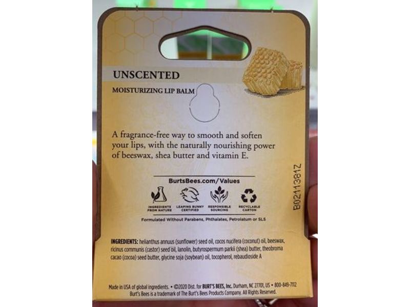 Burt's Bees Moisturizing Lip Balm, Unscented, Mint Free, 0.19 oz/4.25 g