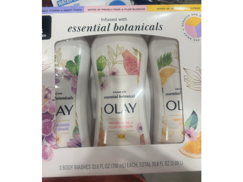 Olay Essential Botanicals Body wash Set, Passion Flower & Sweet Grape, Prickly Pear & Plum Blossom, Water Lily & Citrus, 23.6 fl oz/700 mL