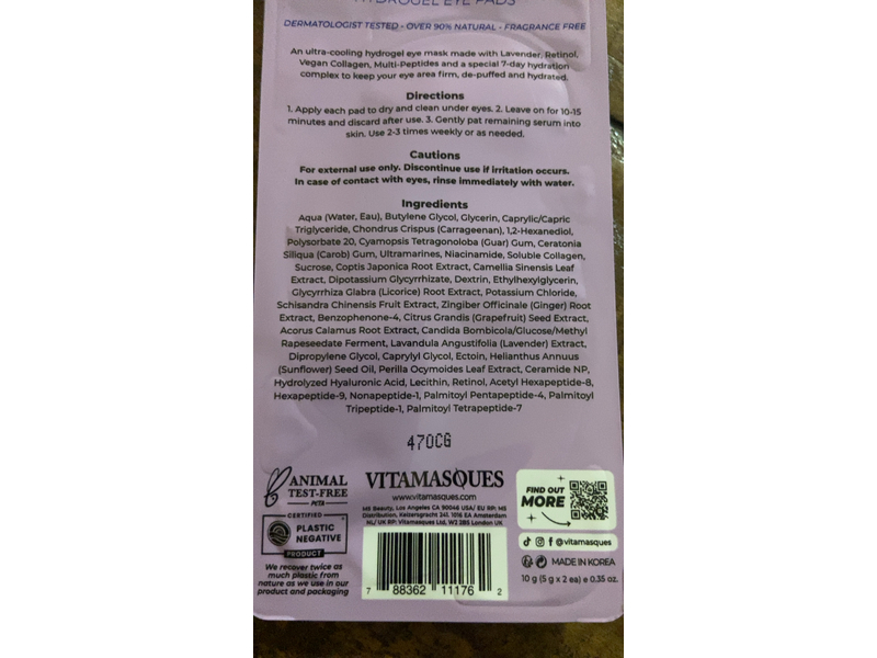 Vitamasques Retinol Ageless Hydrogel Eye Pads, Lavender, 0.35 oz/10 g
