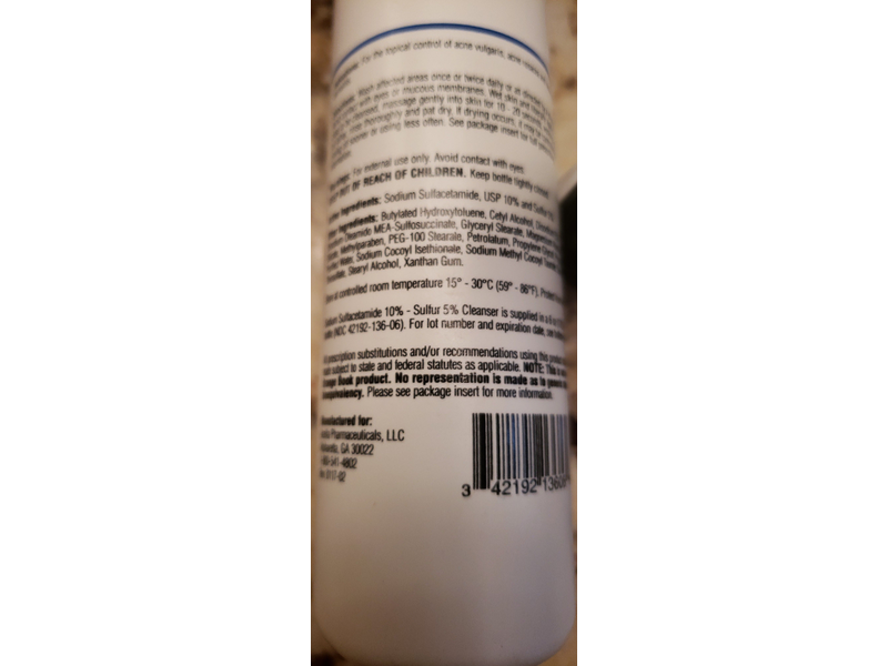 Sodium Sulfacetamide10% Sulfur 5% Cleanser, 6 oz/170.3 g Acella Pharmaceuticals (RX)