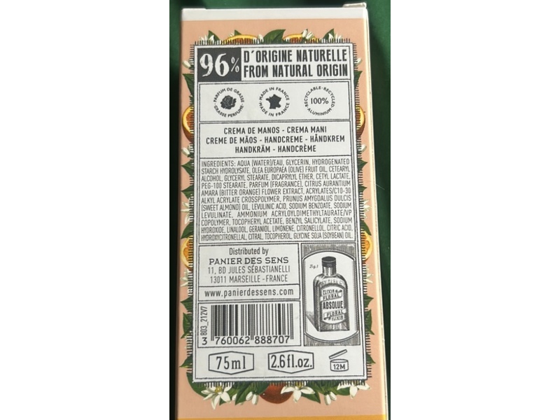 Panier Des Sens Absolute Floral Elixir Hand Cream, Orange Blossom, 2.6 fl oz/75 mL