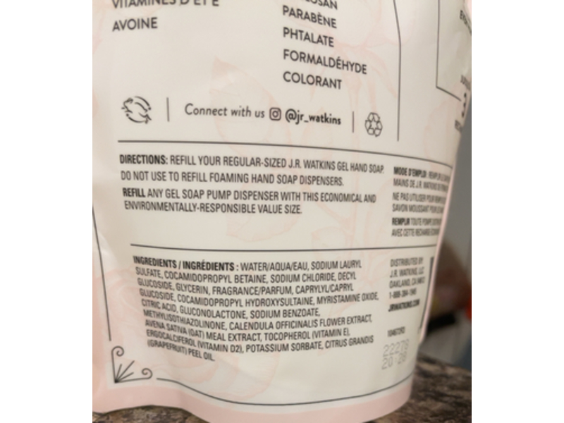 J.R Watkins Gel Hand Soap Refill, Rose Water, 34 fl oz/1 L, Pack Of 3