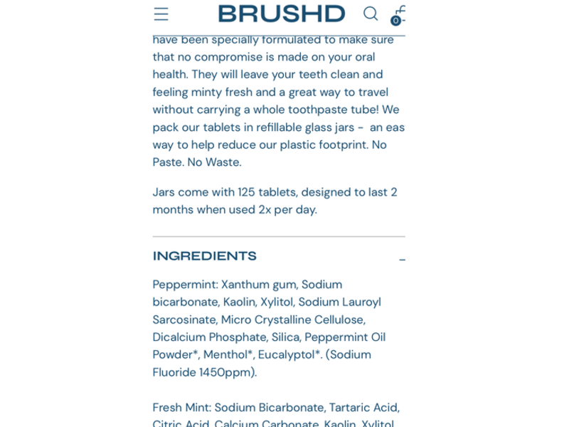 Brushd Toothpaste Tablets, Peppermint Flavour, 125 Count