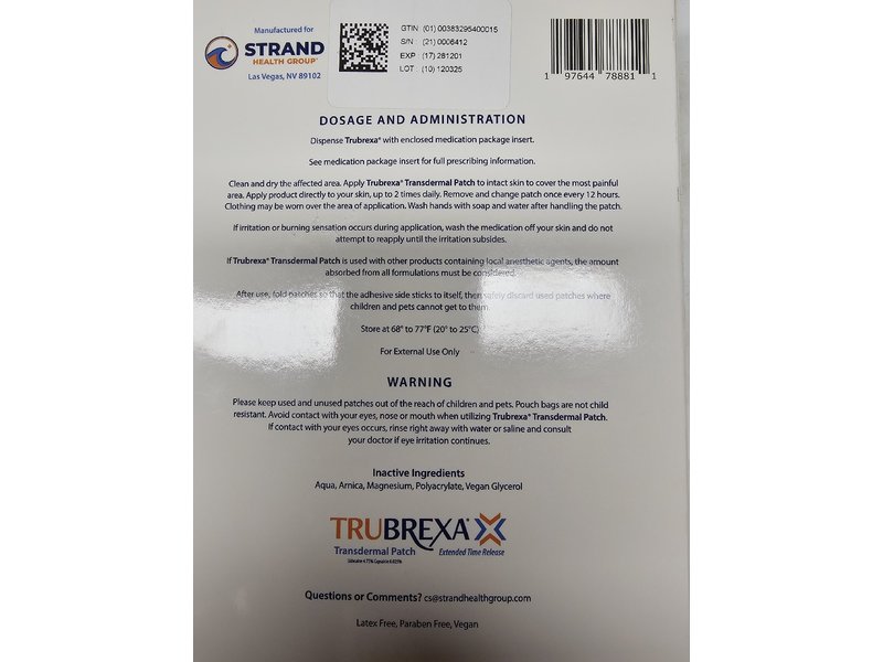 Trubrexa Transdermal Patch, Lidocaine 4.75%, Capsaicin 0.025%, 32 Count, Strand Health Group (Rx)
