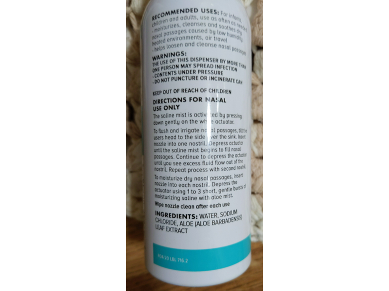 Zarbee's Naturals Soothing Saline Nasal Mist, Aloe, 3 fl oz/88 mL