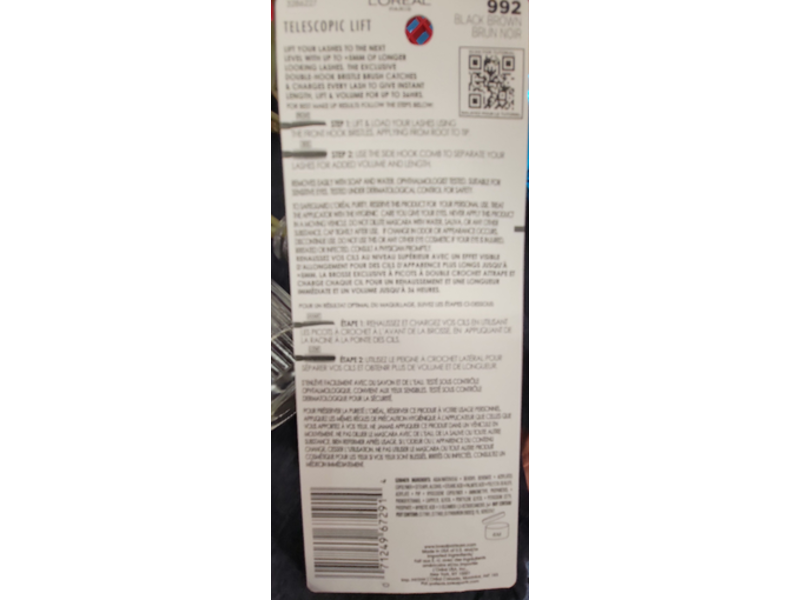 L'Oreal Paris Telescopic Lift Washable Mascara, 992 Black Brown, 0.33 fl oz/10 mL