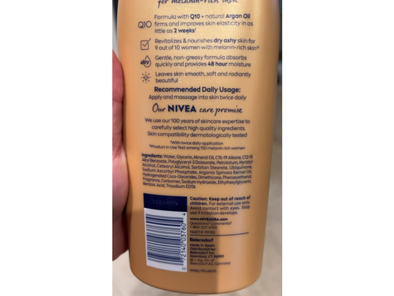 Nivea Skin Firming Melanin Beauty & Hydration Body Lotion, Q10 & Argan Oil, 16.9 fl oz/500 mL