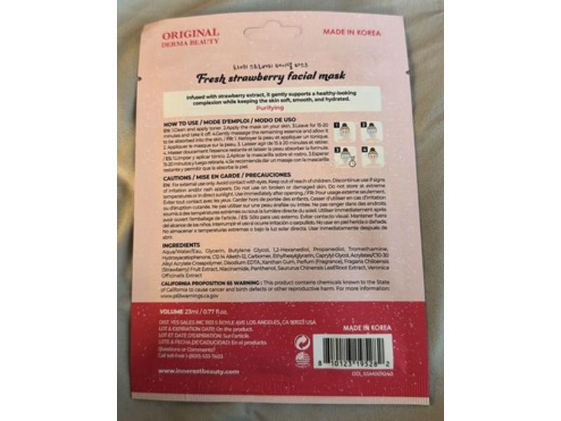 Original Derma Beauty Facial Mask, Fresh Strawberry, 0.77 fl oz/23 mL
