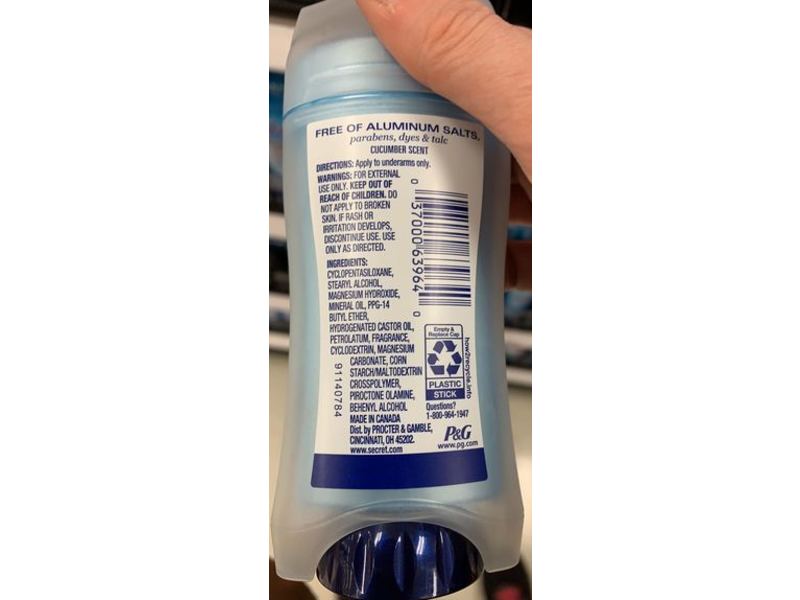 Secret Aluminum-Free Deodorant, Cucumber, 2.4 oz/68 g