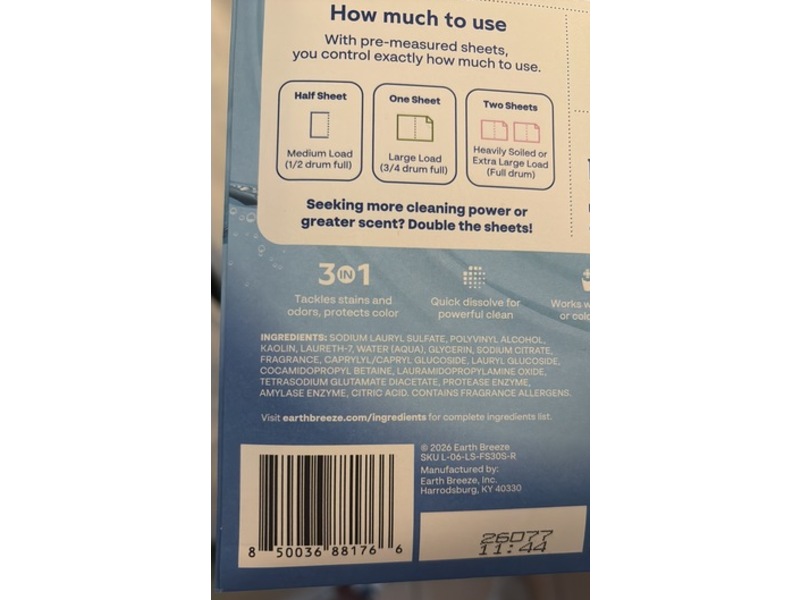 Earth Breeze Laundry Detergent Sheets, Fresh Scent, 60 Loads