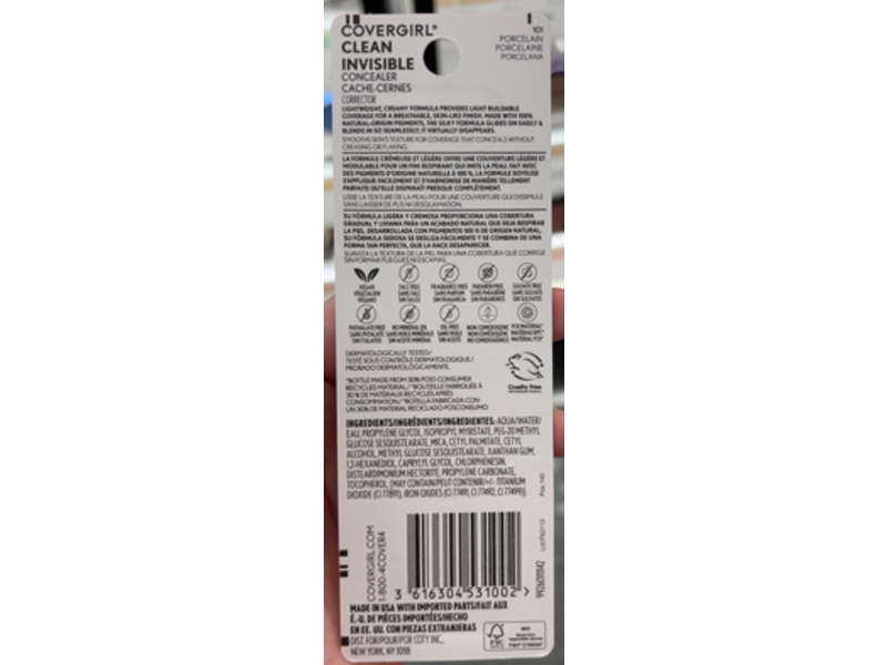 Covergirl Clean Invisible Concealer, Porcelain 101, 0.23 fl oz