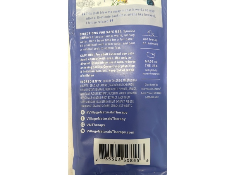 Village Naturals Therapy Comfort Concentrated Mineral Bath Soak, Blueberry Citrus, 2 fl oz/56 g, Pack Of 12