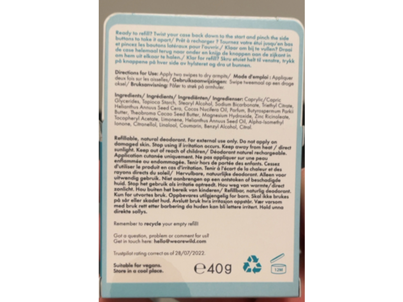 Wild Natural Deodorant Refill, Fresh Cotton & Sea Salt, 1.4 oz/40 g