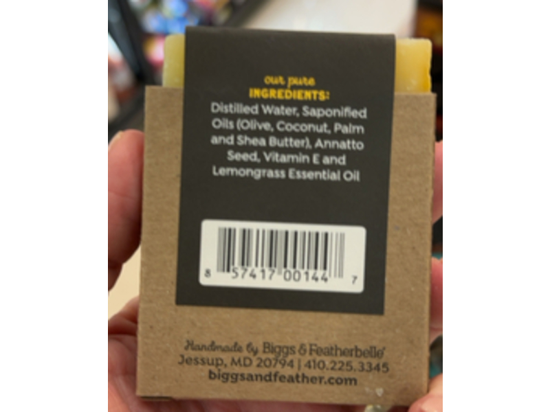 Biggs & Featherbelle Lemon Bar Soap, Lemongrass & Shea Butter, 3.5 oz/100 g