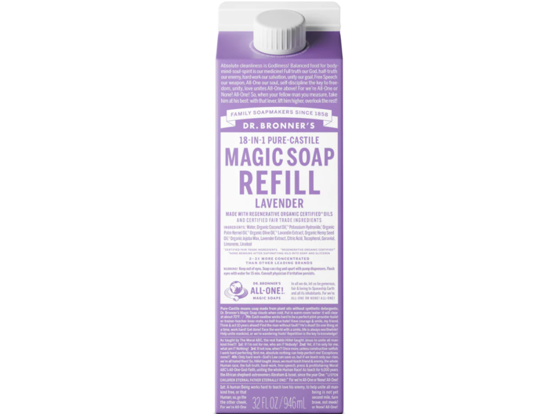 Dr. Bronner's Pure-Castile Soap Refill, 18-In-1 Hemp Lavender, 32 fl oz/946 mL