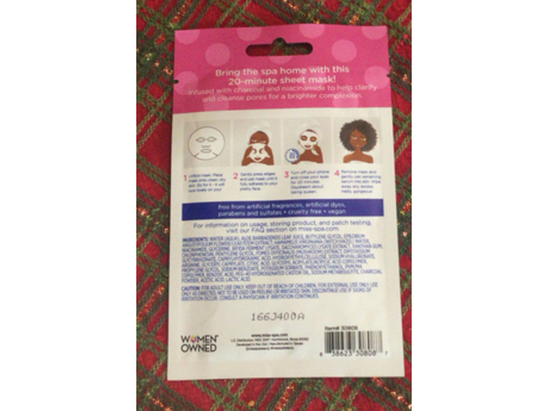 Miss Spa Purifying Sheet Mask, Charcoal, 0.67 oz/19 g