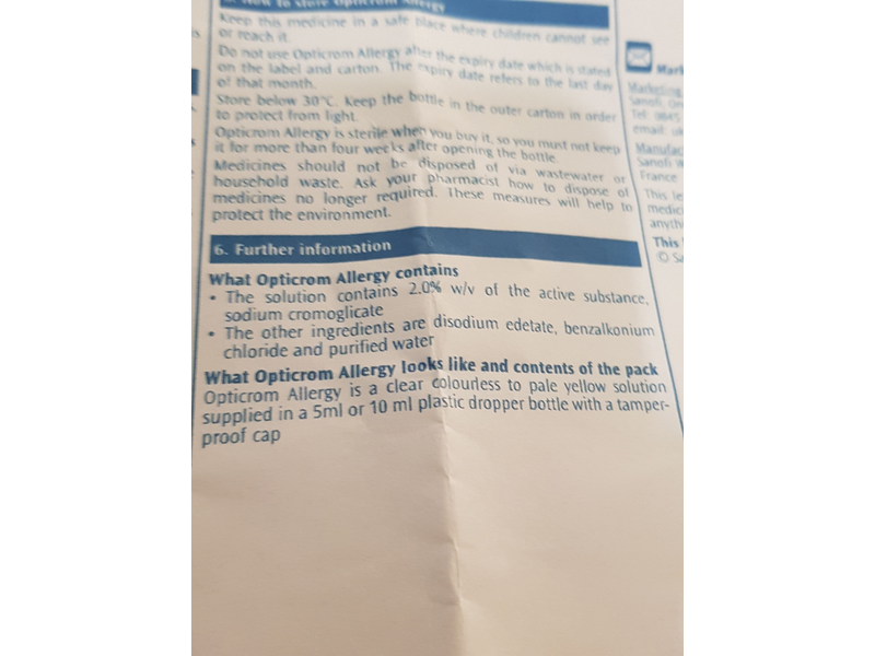 Sanofi Opticrom Allergy Eye Drops, Sodium Cromoglicate 2.0% W/v, 10 ml