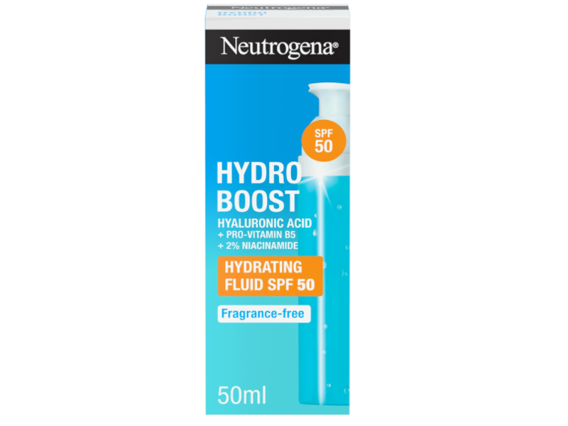Neutrogena Hydro Boost Hydrating Fluid, Fragrance Free, SPF 50, Hyaluronic Acid + Pro-Vitamin B5 + Niacinamide, 50 mL