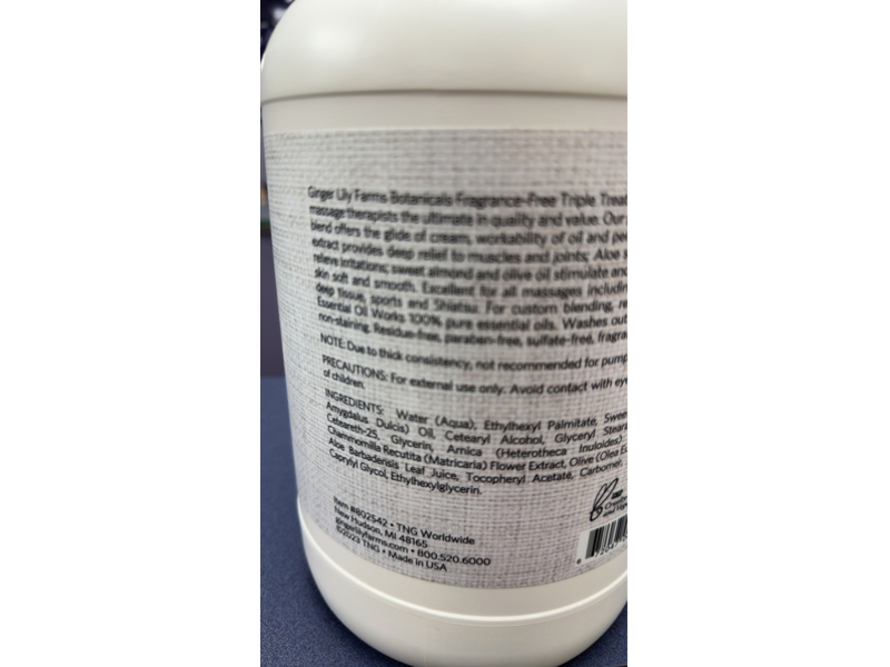 Ginger Lily Farms Botanicals Triple Treat Massage Cream, Fragrance-Free, 128 fl oz/3.75 L