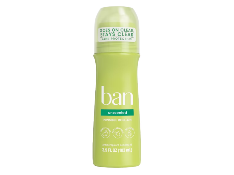 Ban Invisible Antiperspirant Deodorant Roll-On, Unscented, 3.5 fl oz/103 mL