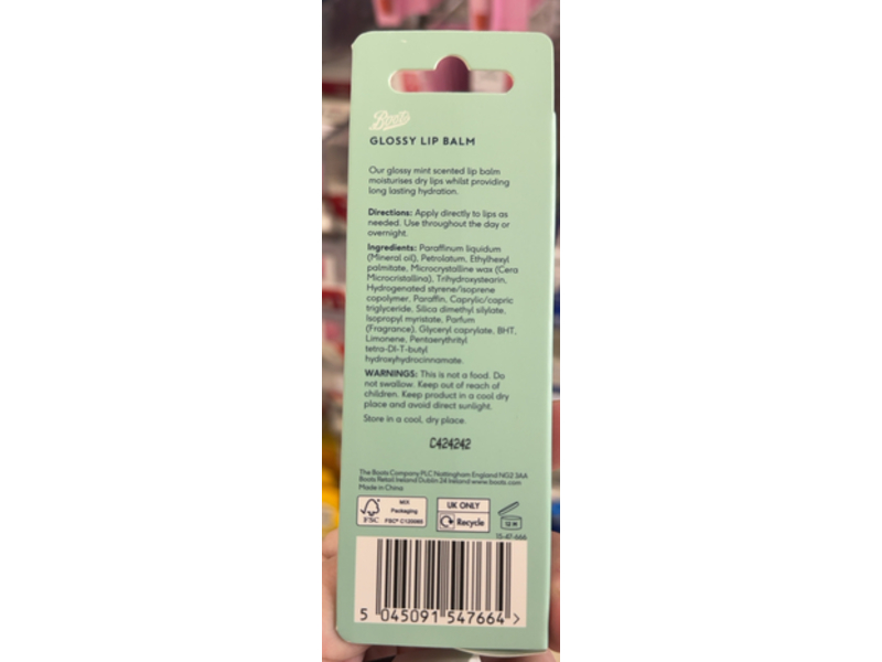 Boots Glossy Lip Balm, Mint, 15 g