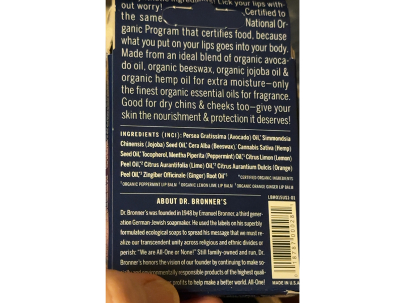 Dr. Bronner's Organic Lip Balm, Orange Ginger, Lemon Lime, Naked & Peppermint, 0.15 oz/4 g, Pack Of 4