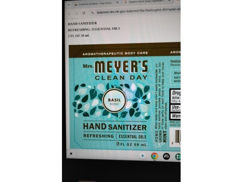 Mrs. Meyer's Clean Day Hand Sanitizer, Basil Scent, 2 fl oz/59 mL