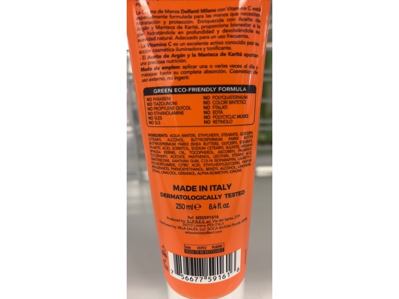 Delfanti Milano Hand Cream, Vitamin C, 8.4 fl oz/250 mL