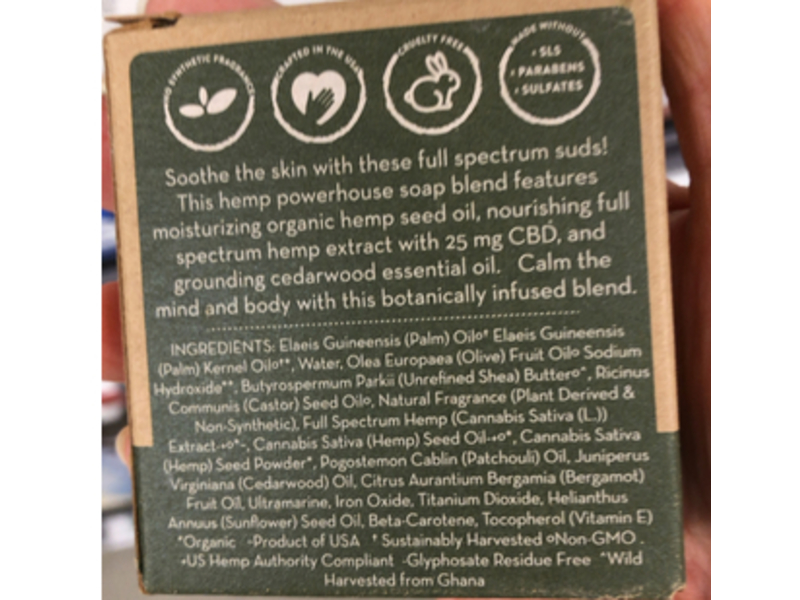 Pacha Soap Co CBD Bar Soap, Cedarwood & Bergamot, 4 oz/113 g