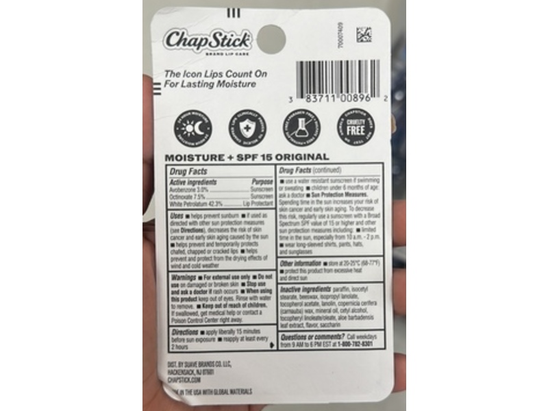 Chapstick Moisture+Spf, SPF 15, 0.15 oz/4g, Pack Of 3