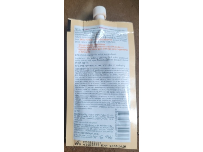 Namu Life Snail White Sunscreen CC Cream, SPF 50+ PA+++, 6 mL